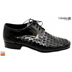 JR ALMANSA 348: ZAPATO DE CORDONES ANCHO ESPECIAL-10 PIEL TRENZADA NEGRA.