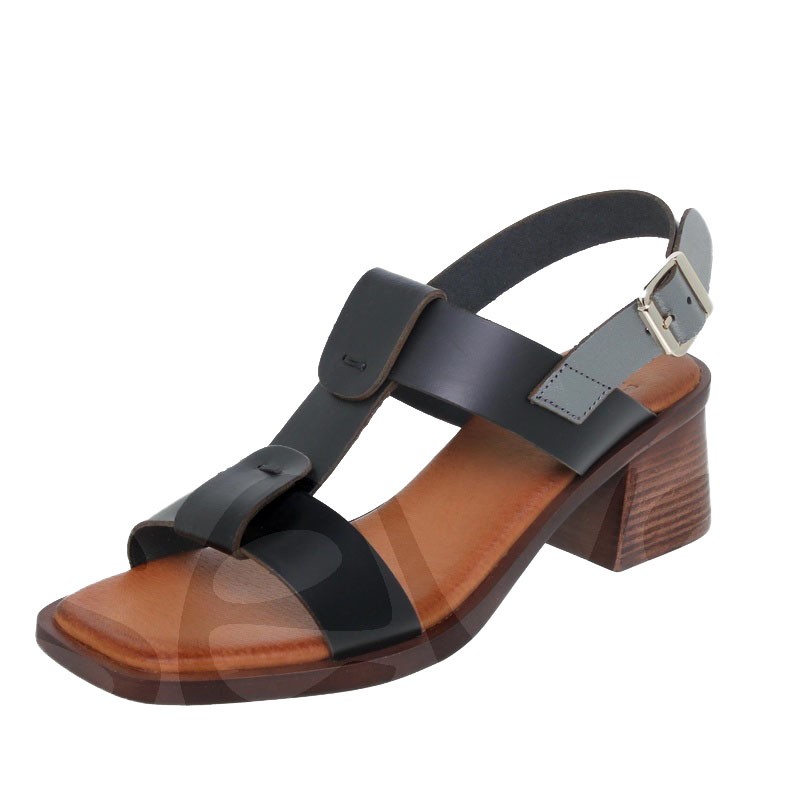 NATURAL LEATHER HEELED SANDAL IN BLACK COLOR: 251 BLU.